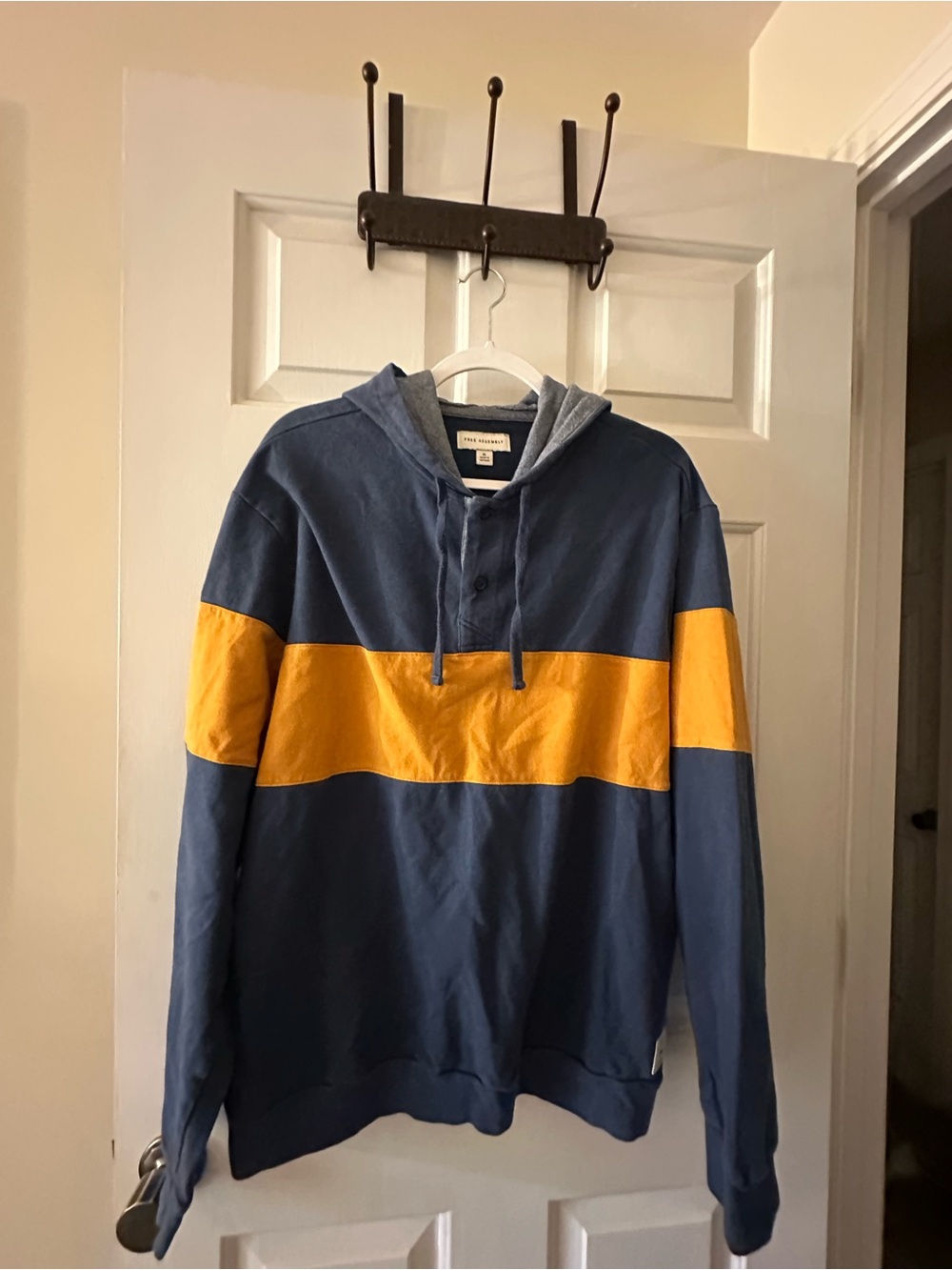 Men's Navy Hoodie with Bold Yellow Chest Stripe